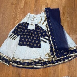 Elegant Navy Blue Gold and off White Lehenga Set with dupatta